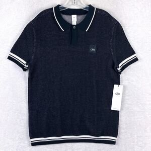 Alo Yoga Sports Club Sweater Knit Polo Shirt Mens M Black Preppy Tennis Luxury